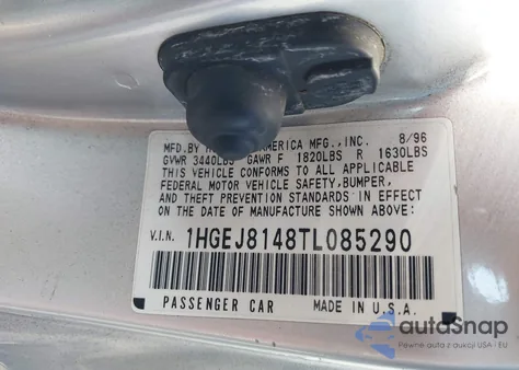 1996 Honda Civic Ex from USA, damaged, VIN 1HGEJ8148TL085290